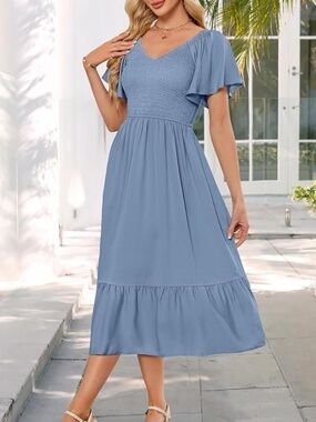 Merokeety Women's Summer Casual V Neck Ruffle Smocked Midi Dress M